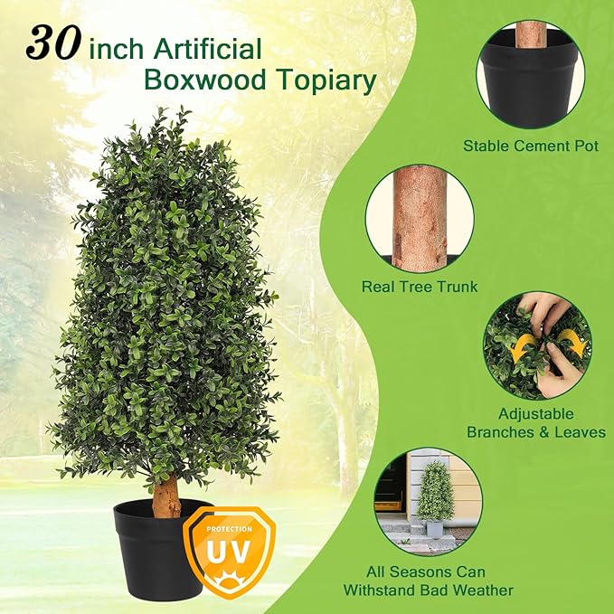30 inch Artificial Boxwood Tree Topiary, Set of 2 Faux Potted Topiary for Outdoor Planter, Lush Foliage & UV Resistant Fake Boxwood Bushes for Front Door Porch Entrance Balcony Decor