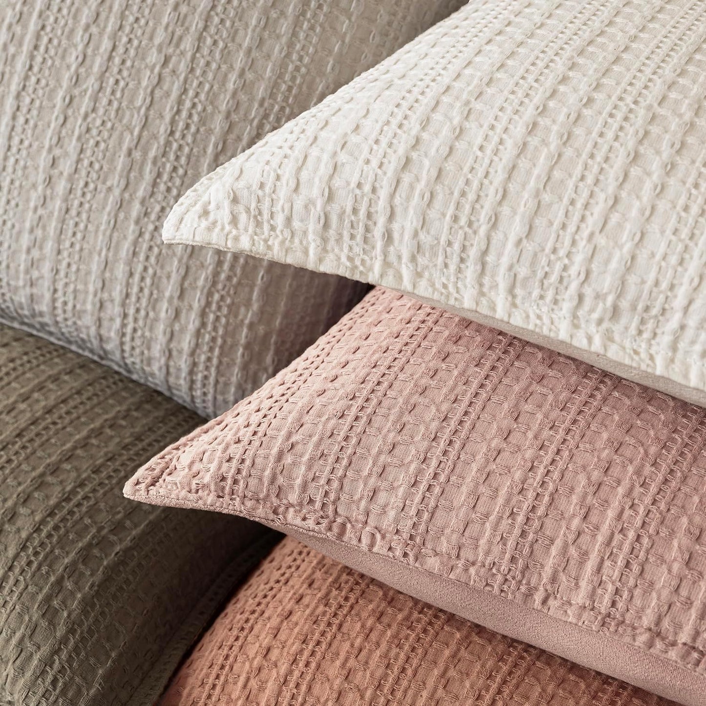 Foindtower Set of 2 Decorative Cotton Waffle Weave Throw Pillow Covers Euro Shams Cushion Covers Accent European Pillowcase for Bed Couch Sofa Bedroom Living Room Home Decor 20×20 Inch Dusty Pink