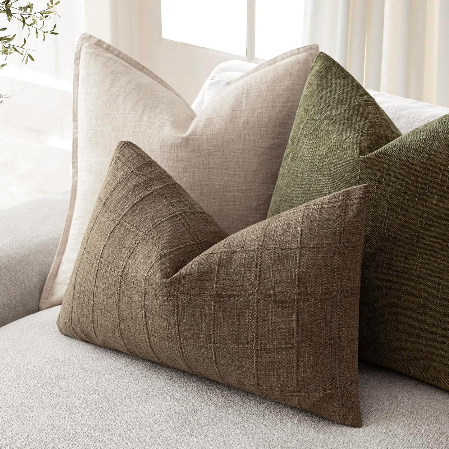 Foindtower Set of 2 Decorative Linen Check Throw Pillow Covers Neutral Farmhouse Lumbar Cushion Covers Modern Boho Home Decor for Sofa Chair Couch Bedroom Living Room,12×20 Inch,Light Brown