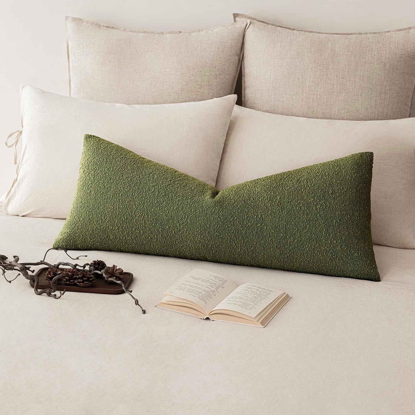 Foindtower Decorative Textured Boucle Throw Pillow Covers Accent Solid Pillow Cases Neutral Long Body Lumbar Couch Cushion Case for Chair Sofa Bedroom Living Room Home Decor 14x36 Inch,1PC,Green