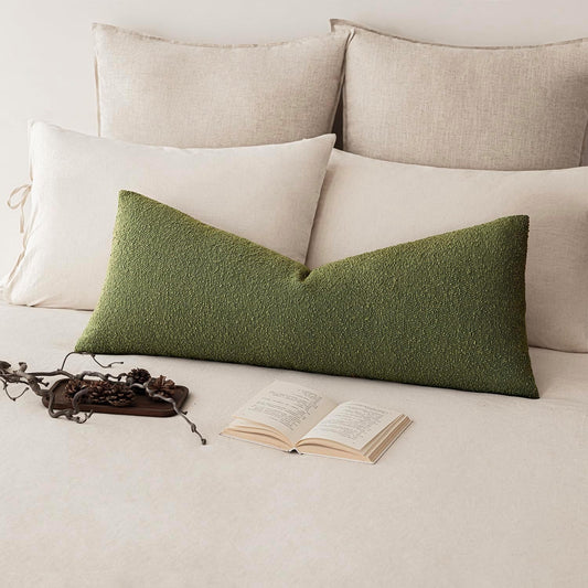 Foindtower Decorative Textured Boucle Throw Pillow Covers Accent Solid Pillow Cases Neutral Long Body Lumbar Couch Cushion Case for Chair Sofa Bedroom Living Room Home Decor 14x36 Inch,1PC,Green