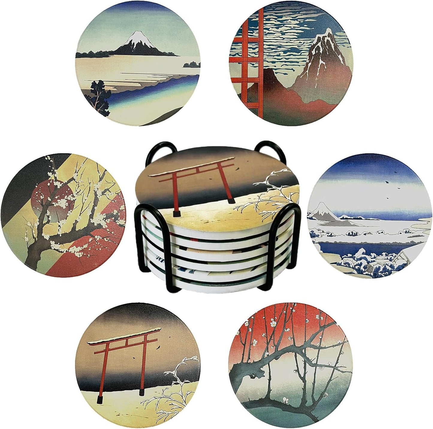 Coasters Absorbent Ceramic Coaster Drink Coasters with Cork Back Japanese Style Ukiyo-e Pattern Set of 6 Round Coaster Non Slip for Coffee Table Wine Glass Home Bar 4 Inch, Colorful
