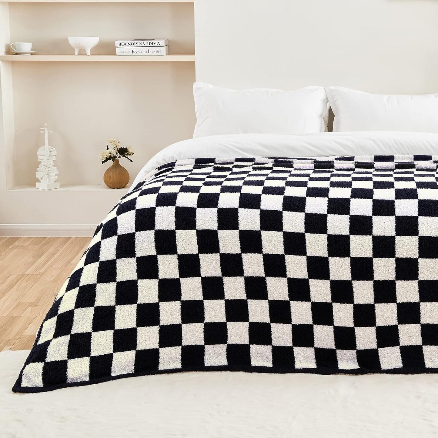 CozeCube Super Soft Fullfy Microfiber Reversible Knitted Blankets, Warm Cozy Fuzzy Plush Throw, Black and White Checkered Throw Blanket for Couch Bed Sofa, 60" x 80"