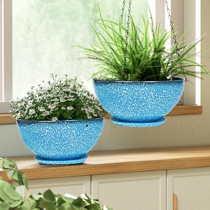 Hanging Planters for Indoor Outdoor Plants-2 Pack 10 inch Hanging Plant Pots with Drainage and Chain, Hanging Planter for House Plants (Blue with White Spray)