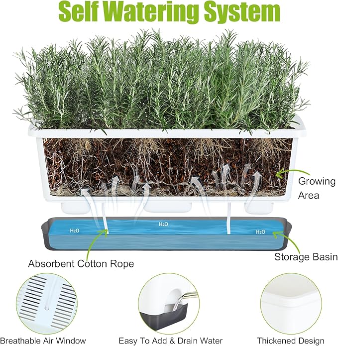 Window Box Planter 4 Packs, 17 Inches Rectangle Flower Pots with Drainage Holes & Trays, Pots for Vegetables, Herbs, Flowers, Garden Windowsill Balcony (White, 17 * 5.1 * 6 inch)