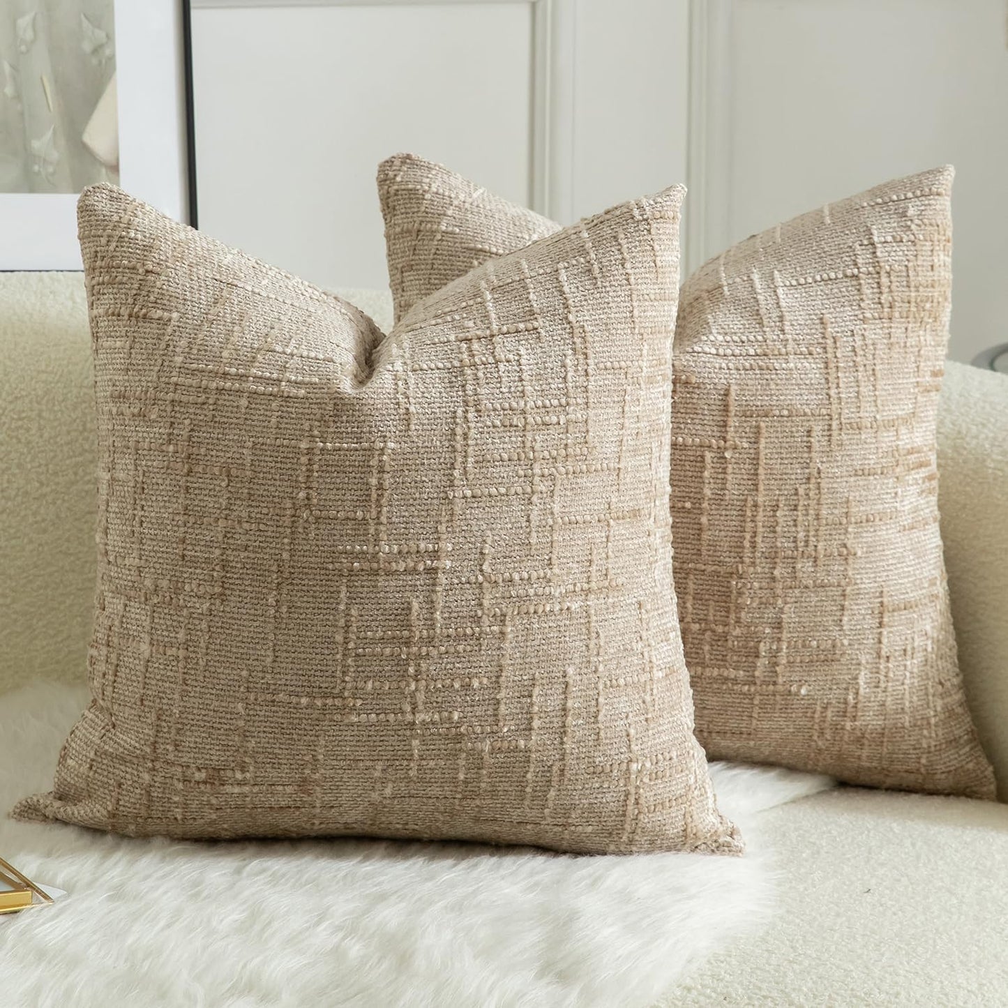 MANDIOO Pack of 2 Soft Chenille Textured Throw Pillow Covers Square Accent Solid Decorative Cushion Cover Cozy Farmhouse Pillow Case for Couch Sofa Bed Living Room 16x16 Inch Camel