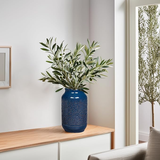 Blue Ceramic Vase for Home Decor, 9 Inch Modern Farmhouse Vase, Decorative Vases for Pampas Grass, Fireplace, Living Room, Bathroom, Tabletop, Kitchen, Office, Farmhouse Decor