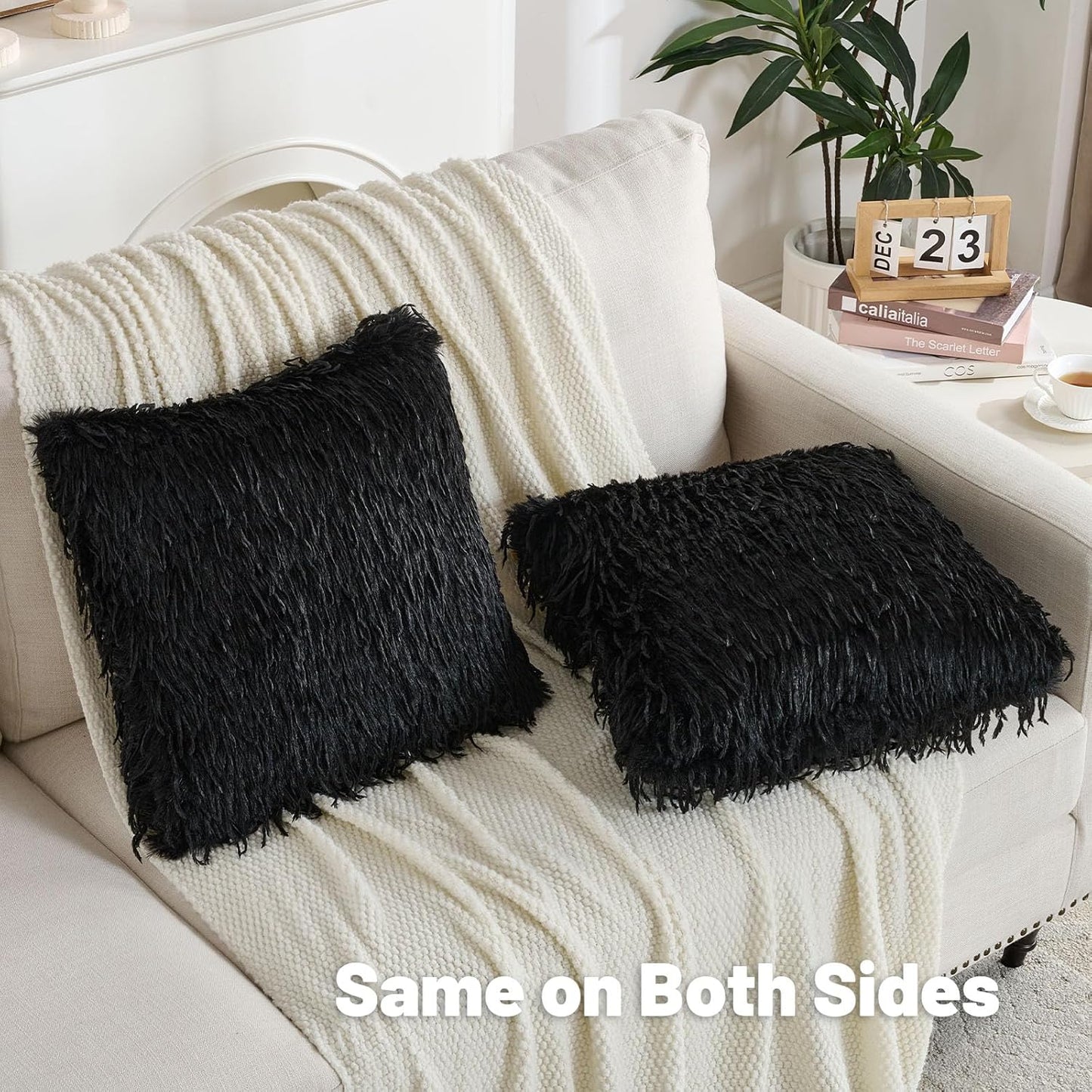 FUTEI Black Decorative Throw Pillow Covers 12x20 Inch Set of 2,Soft Fluffy Faux Feather Texture Lumbar Pillow Cases,Modern Home Luxury Decor for Couch Bed Living Room