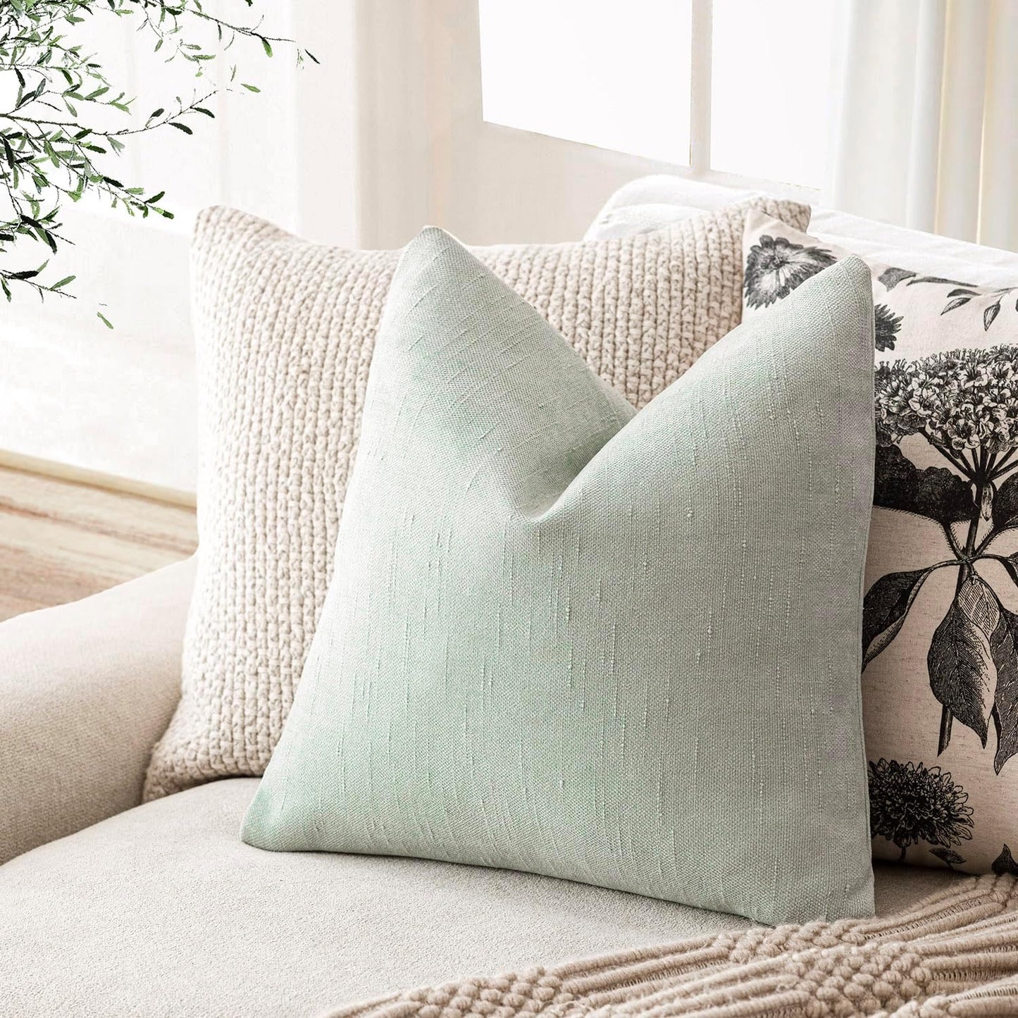 Foindtower Set of 2 Soft Textured Chenille Throw Decorative Pillow Covers Square Accent Solid Cushion Cover Cozy Neutral Farmhouse Pillow Case for Couch Sofa Bedroom Living Room 16x16 Inch, Sage Green