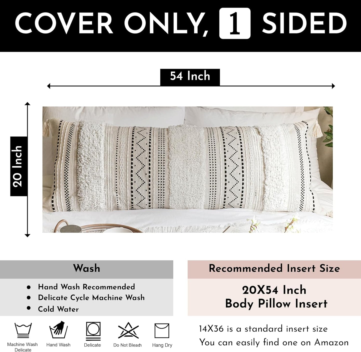 BlissBlush Large Body Pillow Cover for Bed 20x54 Boho Accent Oversized Long Pillowcase for Bedroom Black Neutral White Decorative Cushion Farmhouse Home Décor (Cover ONLY, Pack of 1)