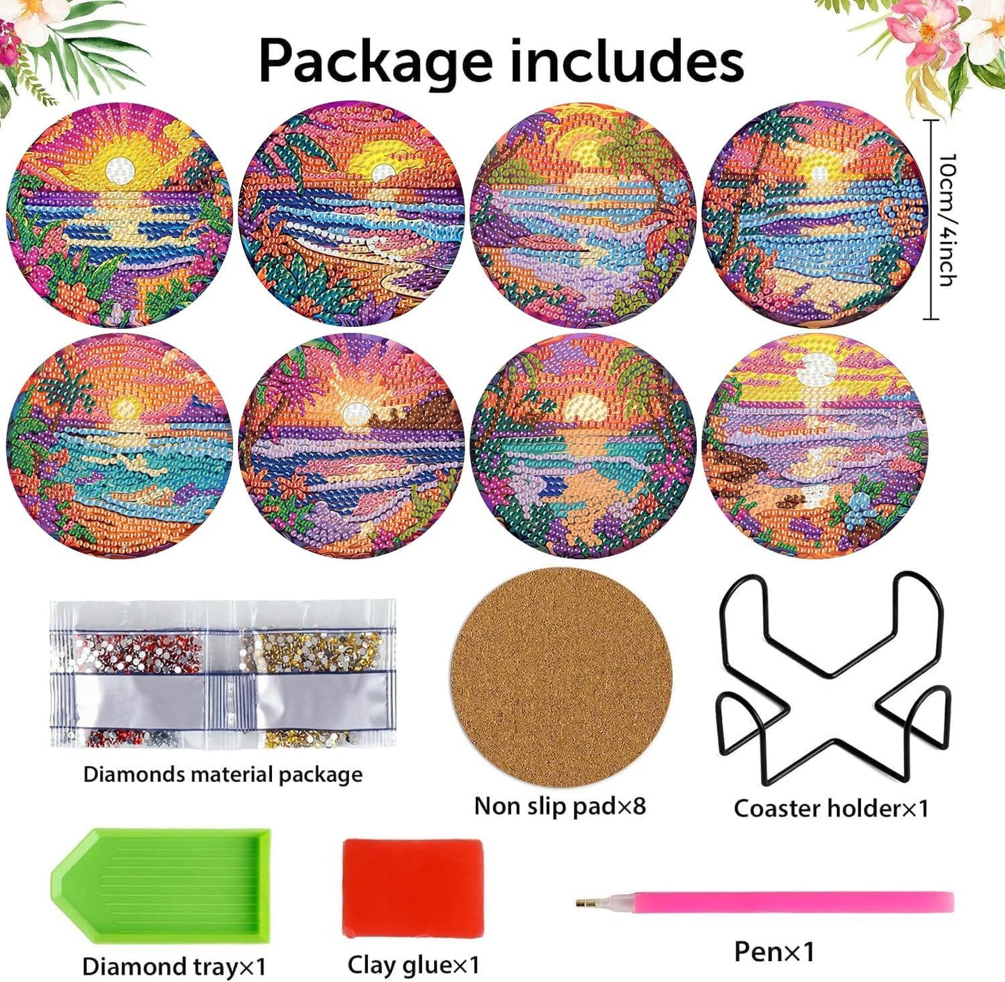 Meothan 8 Pcs Diamond Art Coasters kit with Holder Cork Pads, Diamond Dot Art Painting Coasters Kit for Adults (Sunset Beach)