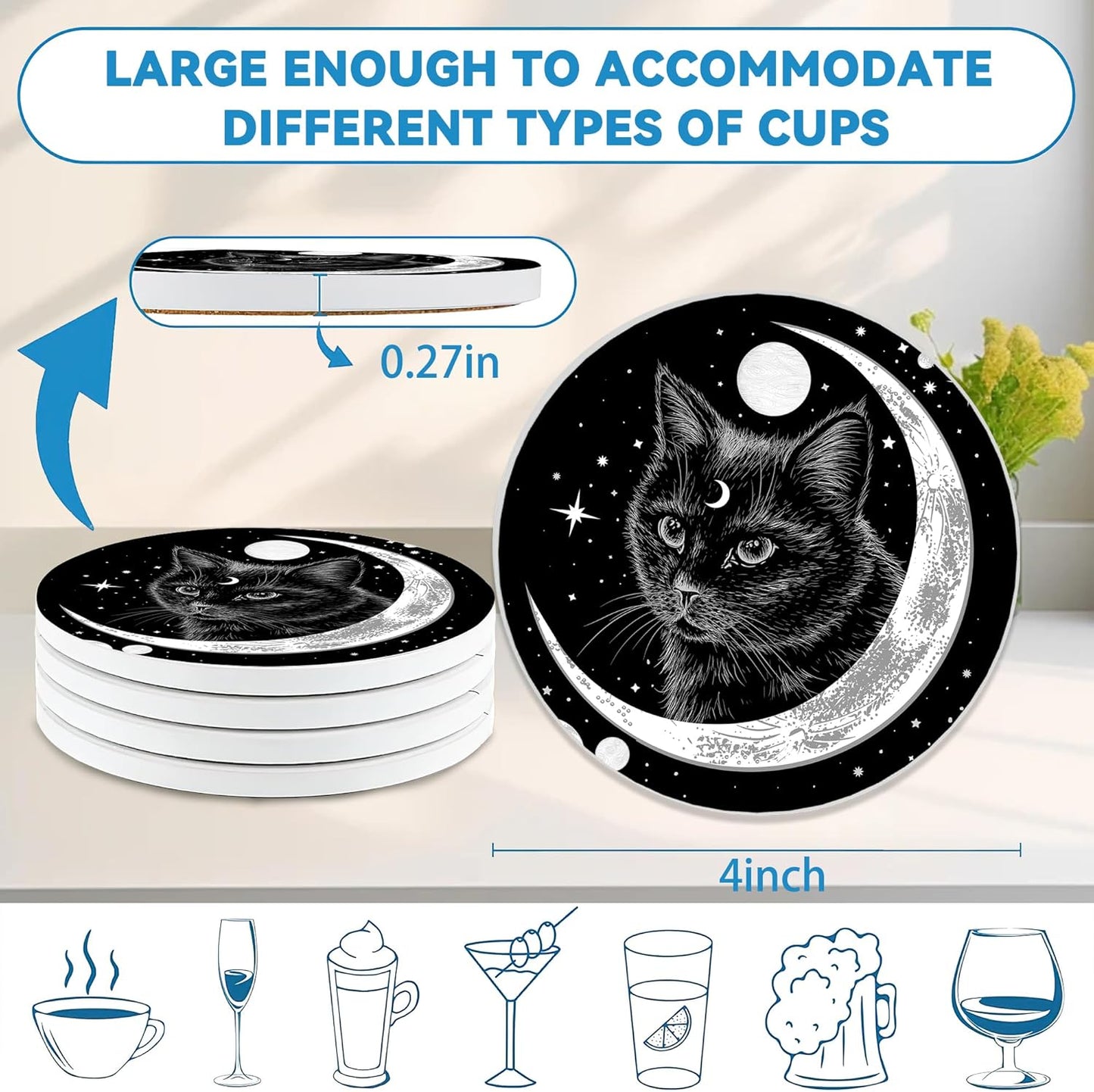 Black Cat Drinks Coasters Set of 4,Ceramic Absorbent Stone Cup Mat with Cork Base,Table Home Decor, Ideal Gifts for Women Men