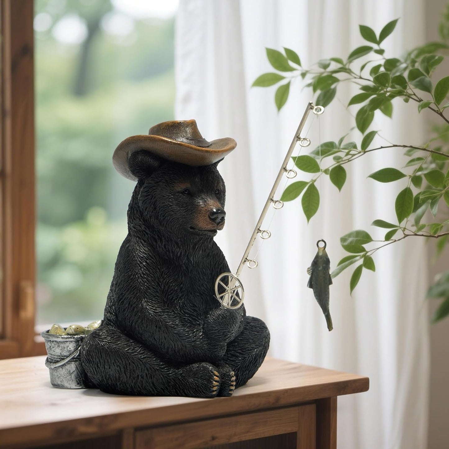 Hodao Black Bear Fishing Figurines Decoration Summer Bear Crafts for Home Office Desk Decor Statue for Tabletop Shelf Decoration Ornament Gifts Decor for Beach Fishing Lovers (Black)