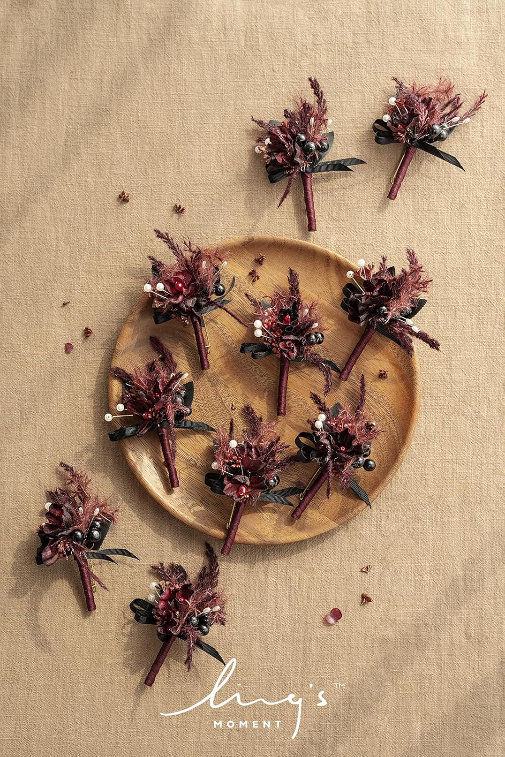 Ling's Moment Boutonniere for Men, 10pcs Groomsmen Guest Boutonniere, Artificial Flowers for Wedding Décor/Prom/Homecoming,etc.Black Gothic Burgundy