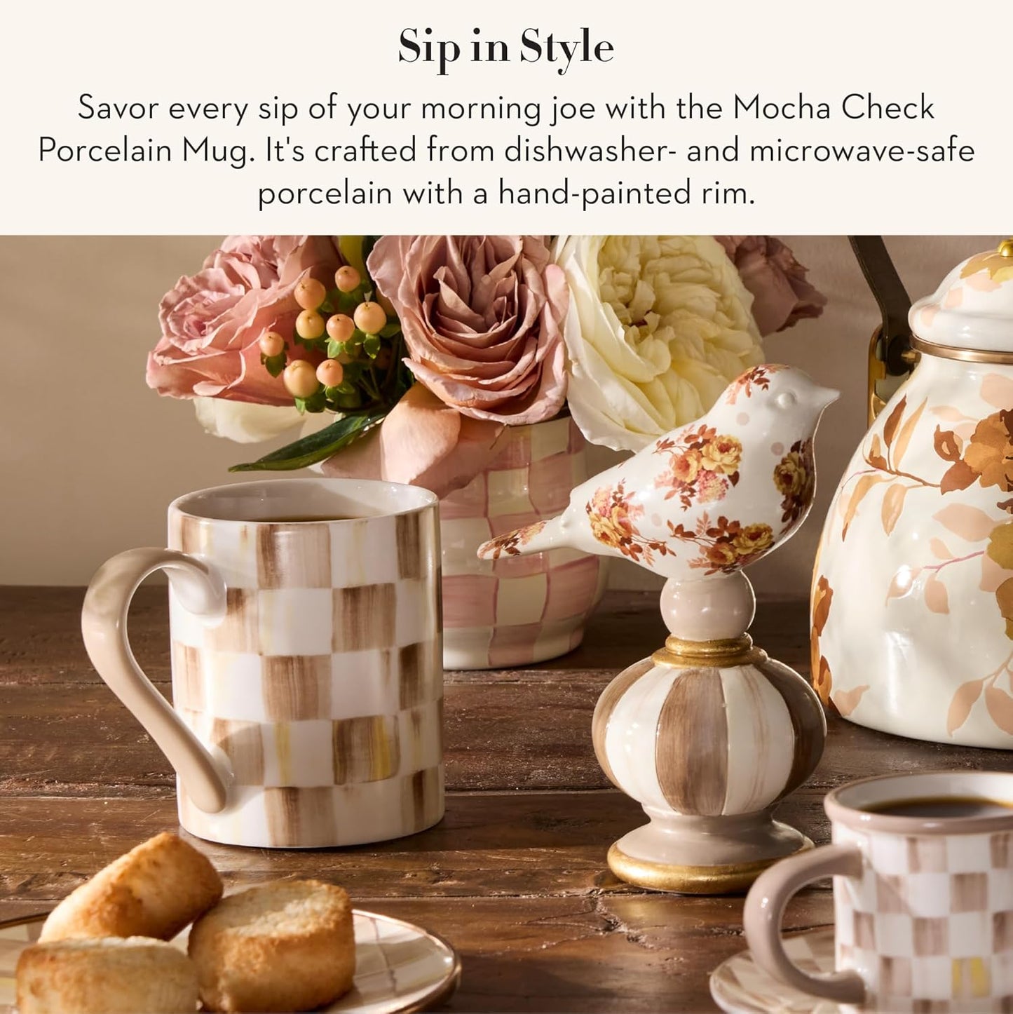 MACKENZIE-CHILDS Porcelain Mug, Tea and Coffee Mug, Brown-and-White Mocha Check