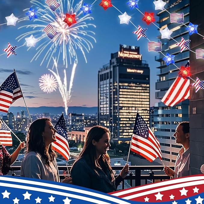 ZGWJ 4th of July Decorations USB String Lights, 1 Pack 50LED 16FT Red White and Blue Flag Stars Patriotic Fairy Lights with Timer Outdoor Waterproof for Memorial Day Presidents Day Independence Day