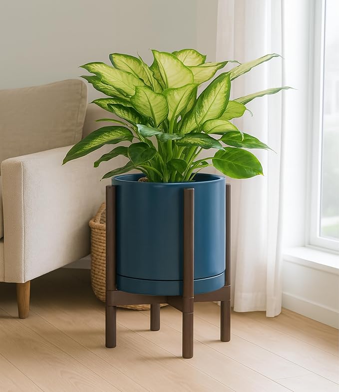 D'vine Dev Ceramic Planter with Walnut Color Stand - 12 Inch Modern Round Flower Pot with Wood Planter Holder, Teal, 55-B-W-4