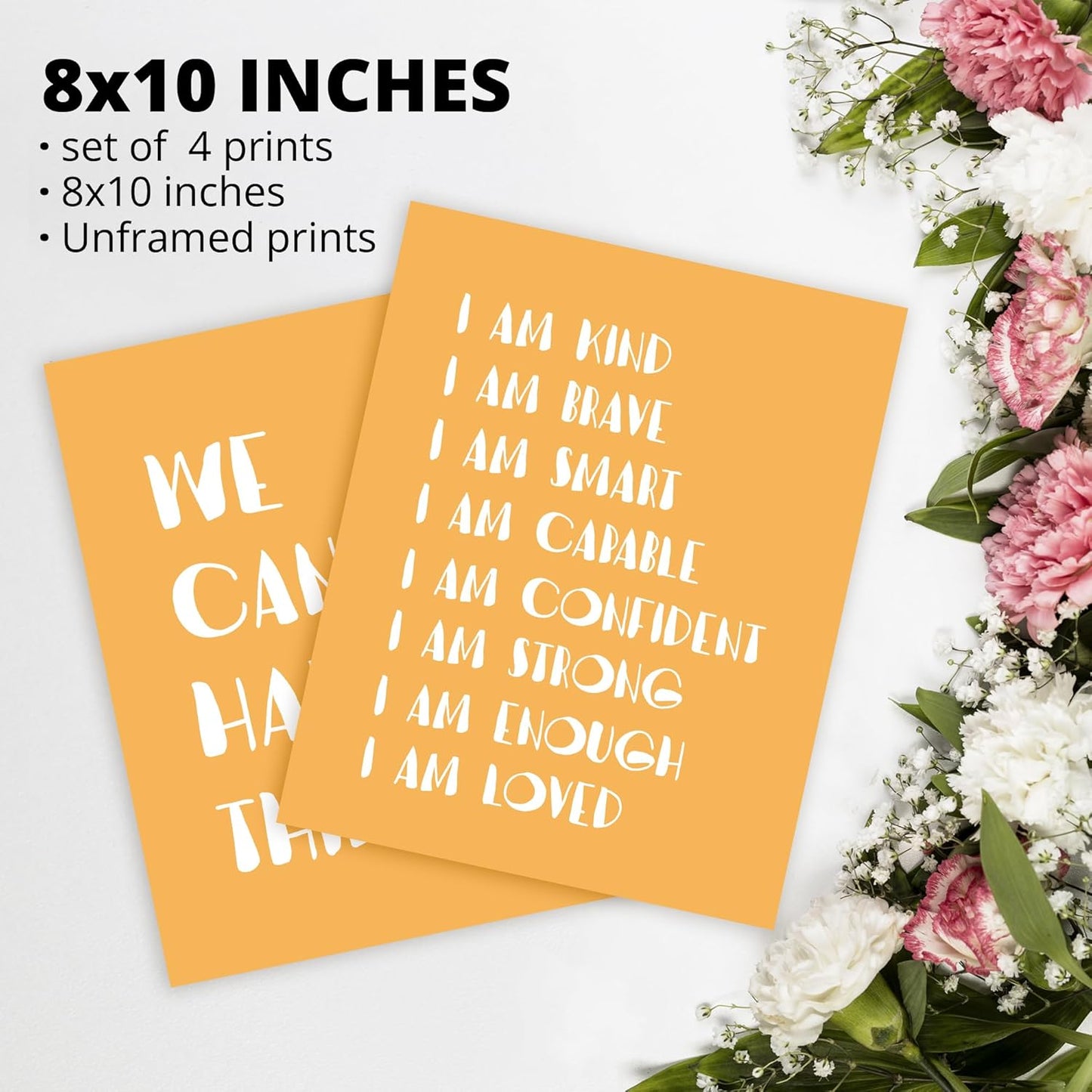 I am Kind Brave Smart Affirmations Orange Sun Sunshine Hearts Poster Prints for Girls Kids Room Playroom Decor,Girl Nursery Decorations Prints Wall Art Unframed 4pcs 8x10inches,Girls Kids Gifts