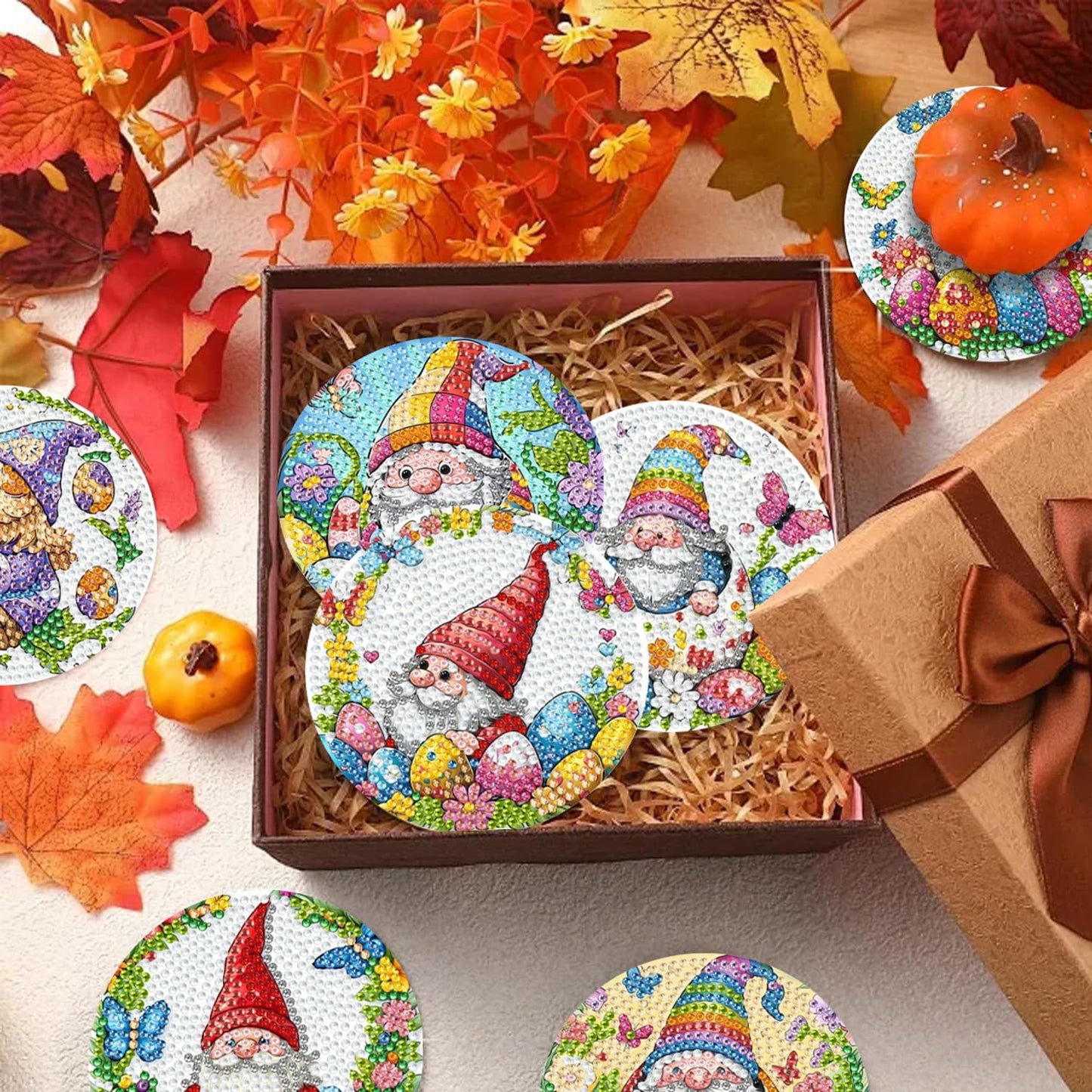 DOZEEZOP 8 PCS Diamond Art Coasters Kit, Diamond Painting Coasters with Holder, Fall Diamond Art Kits for Adults Beginners, Arts and Crafts Supplies Party Item Sets The Cute Gnome
