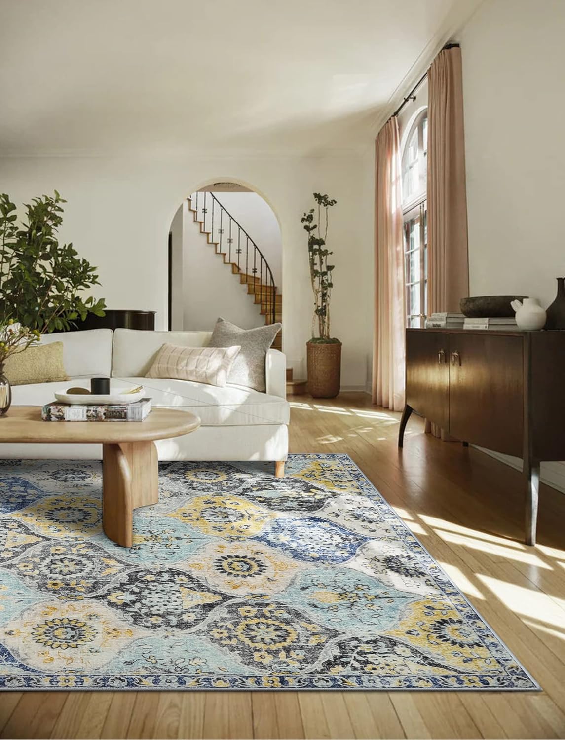 Lahome Moroccan Trellis Washable Area Rugs 5x7, 5x7 Area Rugs for Living Room Bedroom, Indoor Non-Slip Large Oriental Accent Throw Carpet for Kitchen Entryway Bathroom Office, Yellow/Aqua