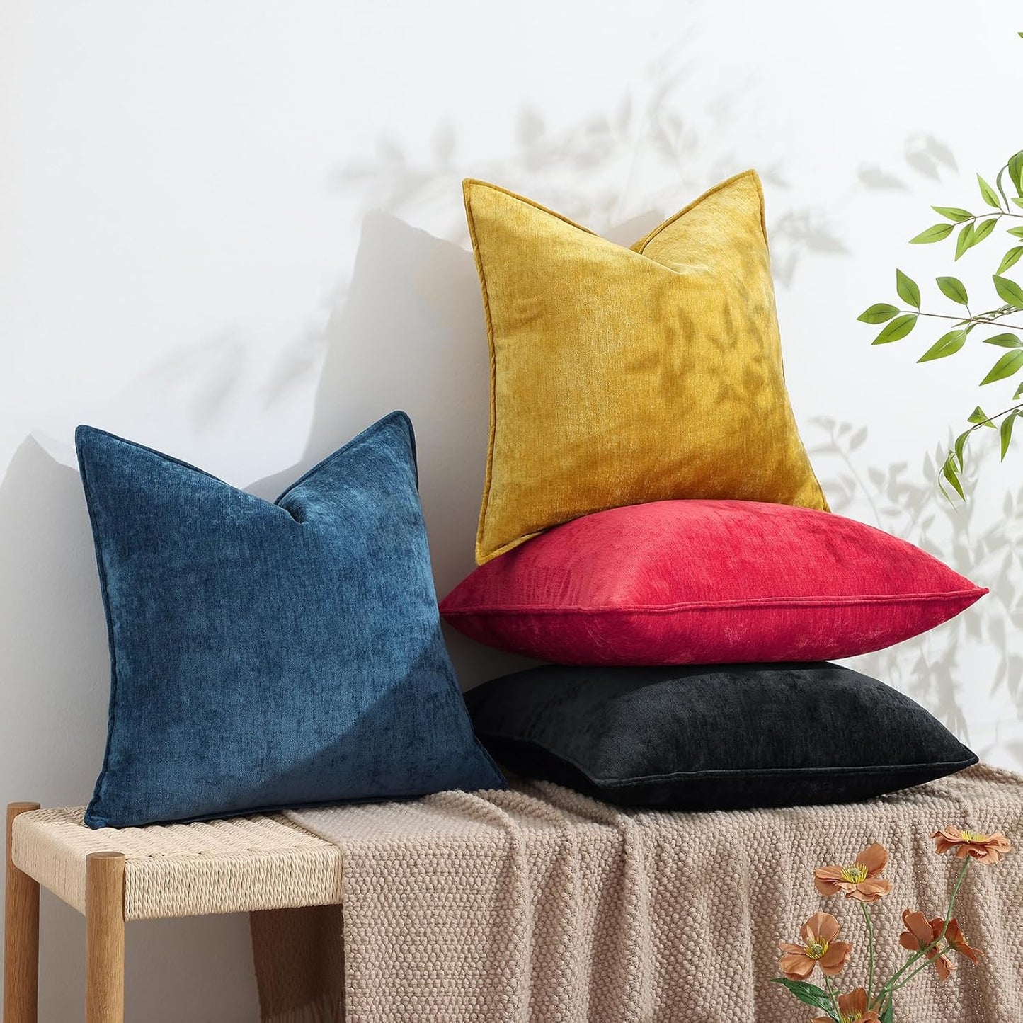 decorUhome Christmas Couch Throw Pillow Covers 26x26 Set of 2, Decorative Soft Euro Neutral Chenille Pillow Covers with Elegant Design for Sofa Bed Living Room Home Decor, Red