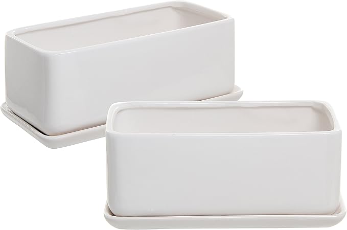 MyGift 10 Inch Modern Unglazed White Ceramic Indoor Plant Pot with Drainage Hole, Rectangular Succulent Planter Window Box with Removable Saucer, 2 Pack