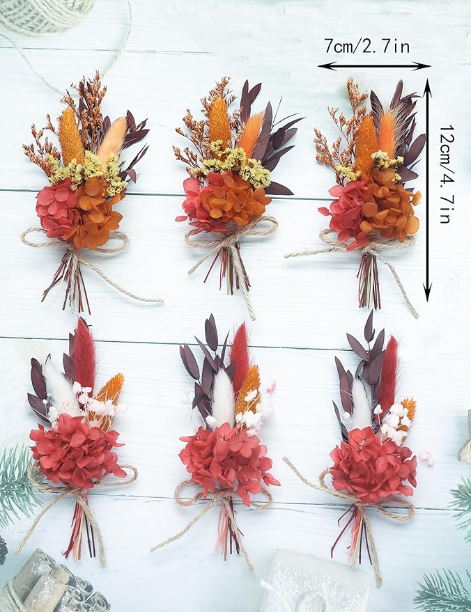 xin's convey Mini Dried Flower Bouquet Set (12 pcs), Birthday Party Decorations, Party Plate Decorations, Gift Bag Dried Flowers, Wax Sealed Dried Flowers. (Burgundy)