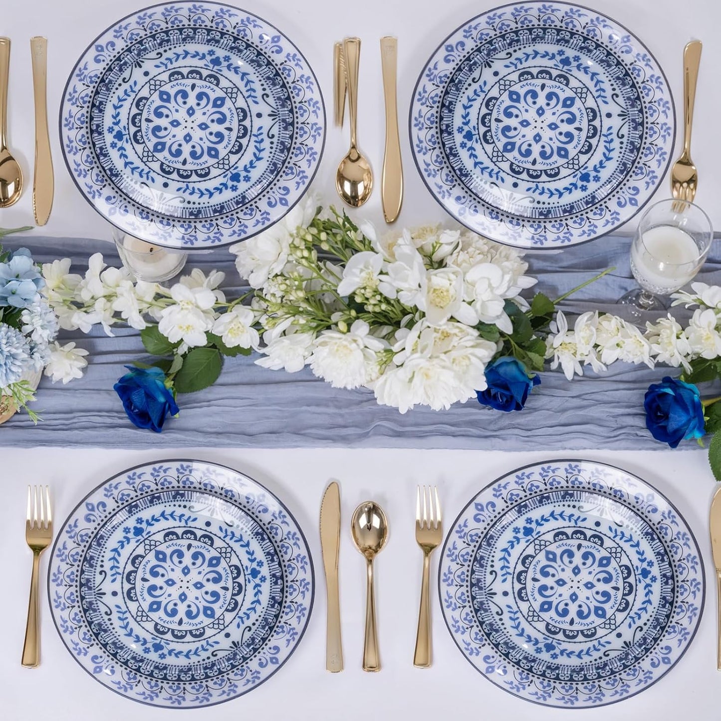 Hioasis 60pcs Blue Plastic Plates Set - Floral Blue & White Porcelain Design, 10.25" Dinner & 7.5" Dessert Plates Disposable for Wedding/Party (Dishwasher Safe, Traditional Style)