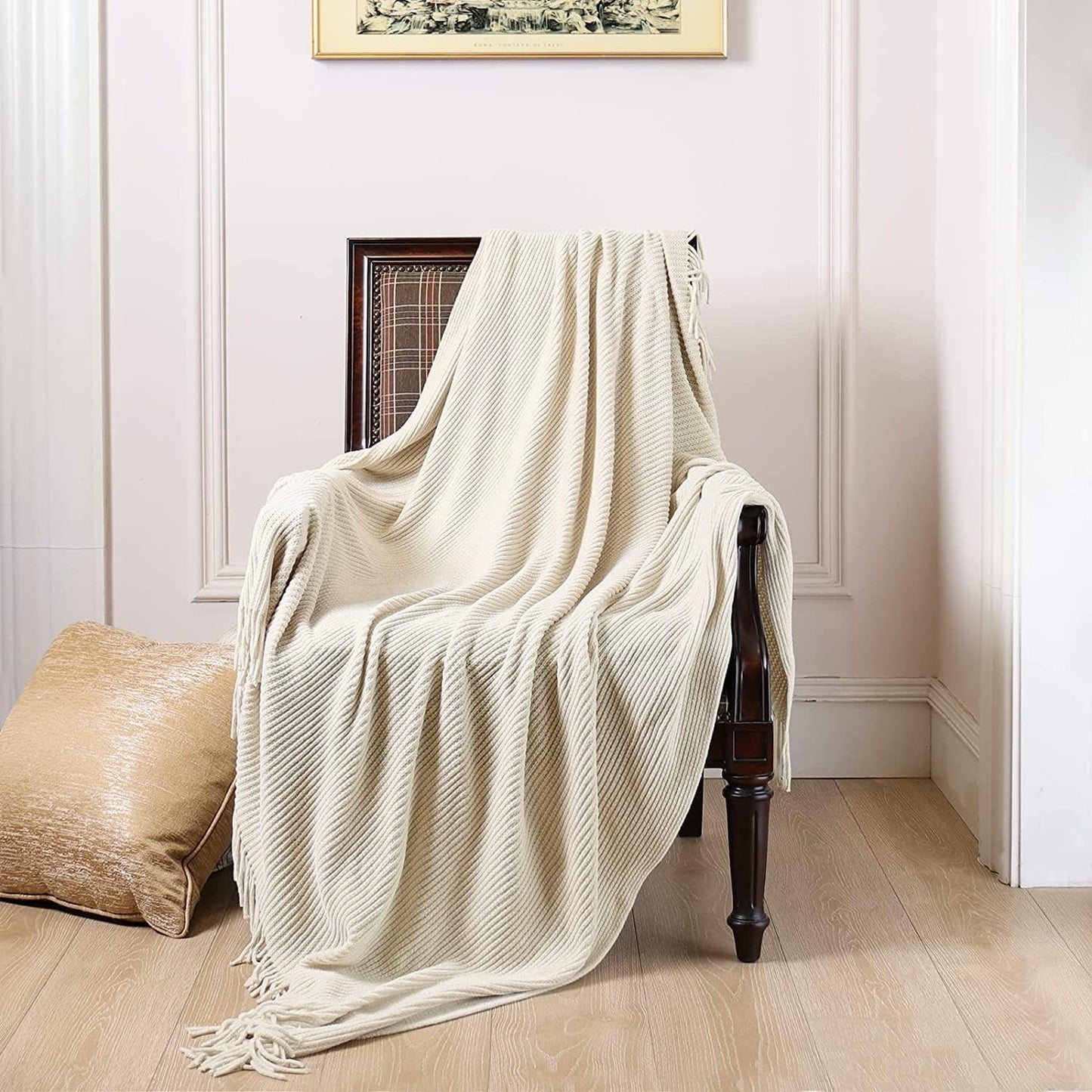 lifein Throw Blanket for Couch, Soft Boho Decor Bed Throw,Cozy White Chenille Knitted Small Farmhouse Lightweight Throw(White/Cream,60 * 80")