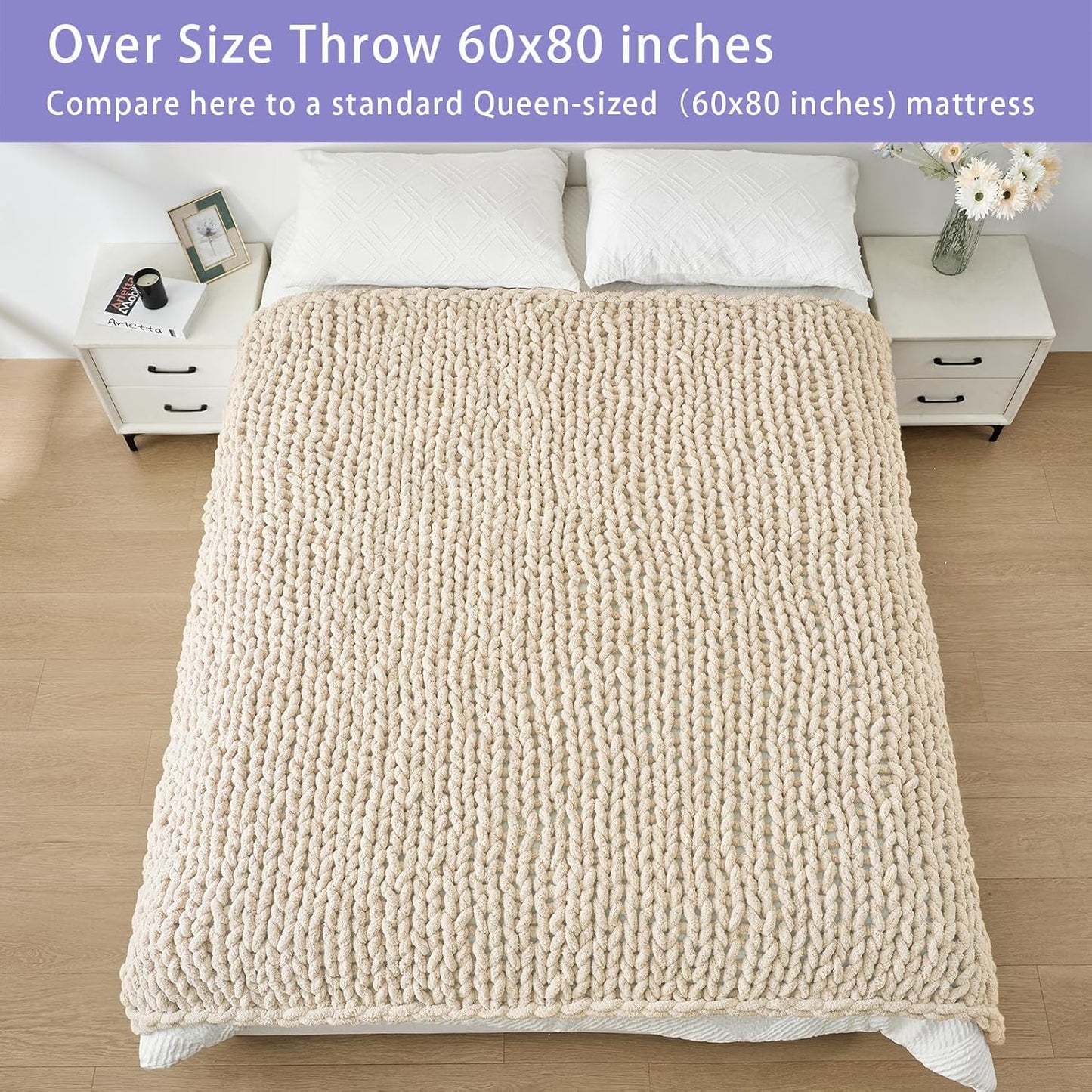 Bigacogo Chunky Knit Throw Blanket for Couch, 60x80 inches, 100% Hand Knitted with Thick Jumbo Chenille Yarn, Cozy Soft Large Rope Knot Cable Crochet Blankets for Sofa Bed Living Room, Beige