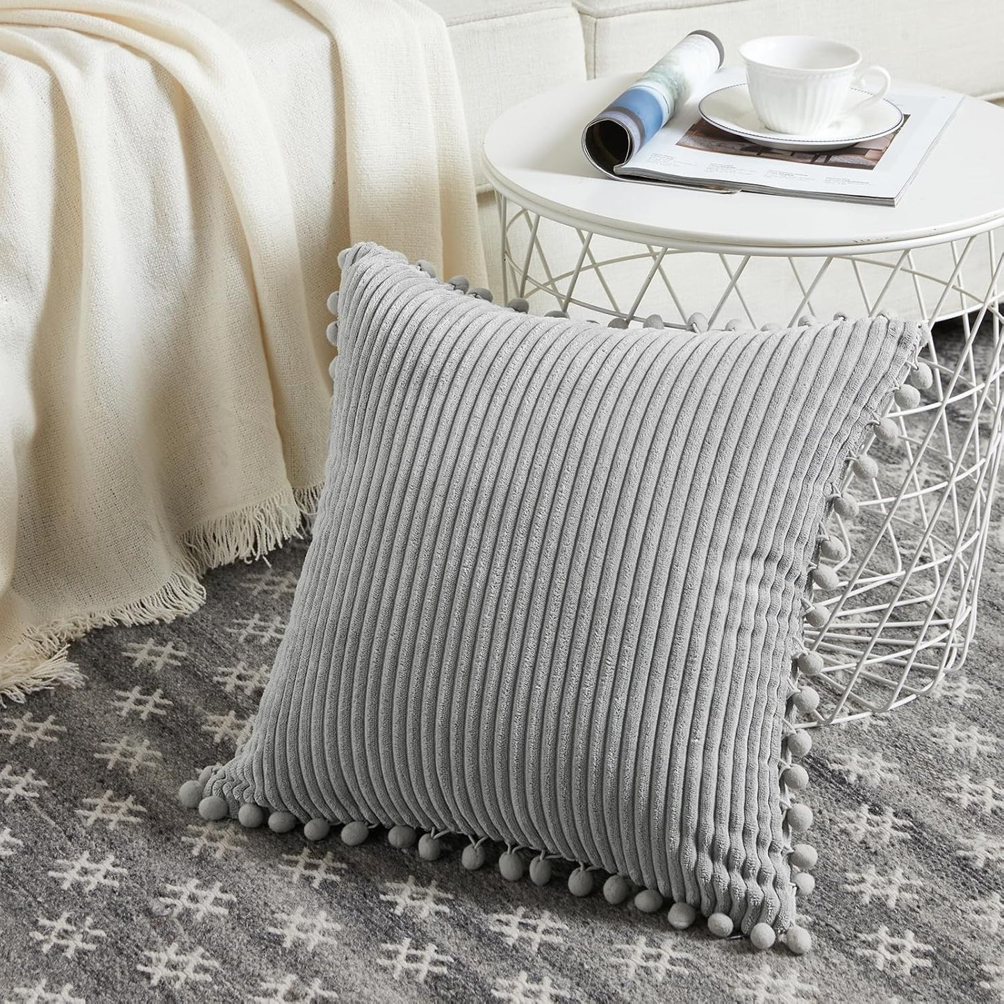 Fancy Homi 2 Packs Neutral Grey Decorative Throw Pillow Covers 16x16 Inch with Pom-poms for Couch Bed Sofa, Aesthetic Modern Organic Farmhouse Boho Home Decor, Soft Corduroy Cute Accent Cushion Case