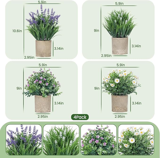 4 Pack Small Fake Plants, Artificial Eucalyptus Leaves with Flowers, Lavender & Daisy with Gray Paper Pulp Pots, Small Faux Potted Plant with Flowers for Home Decor, Indoor&Outdoor Decoration