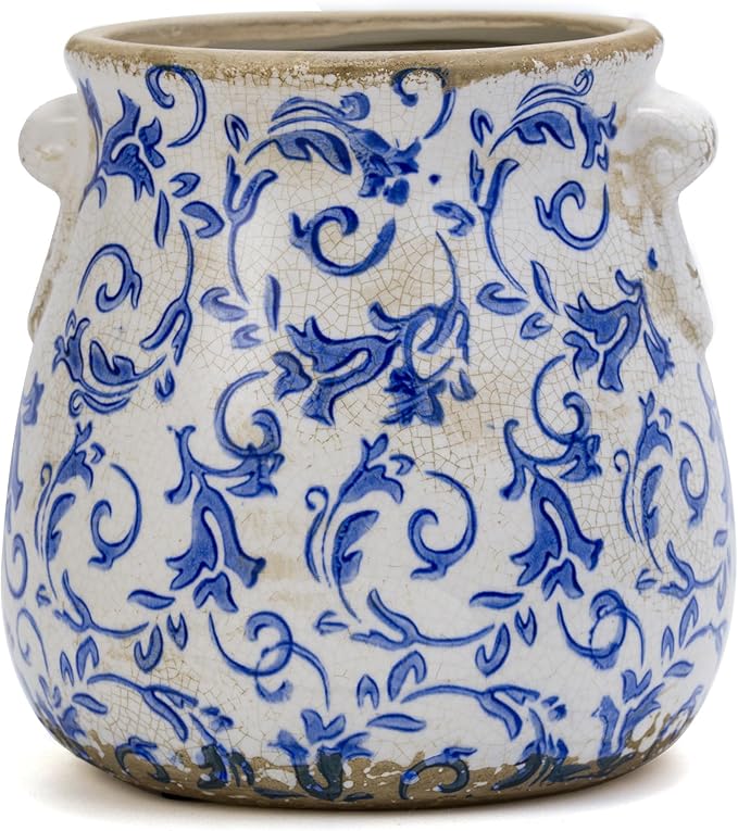 Vintage Blue Ceramic Ice Crack Glaze Flower Pot with Drainage Holes and With Handle, Country Rustic Planters for Indoor and Outdoor,Tuscan Decor,Home,Living Room, Garden Decor, Gardening Gift (Blue)
