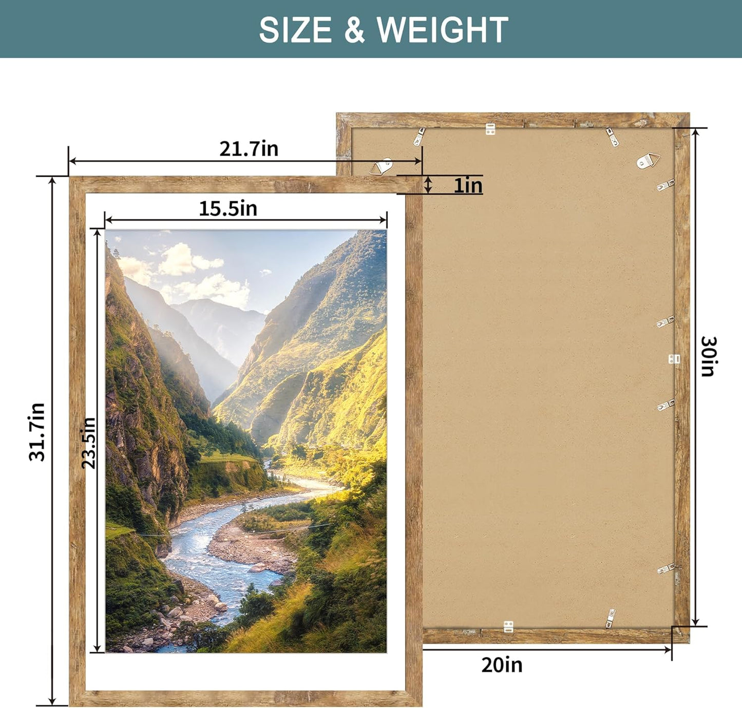 iRahmen 20x30 Poster Frame Set of 2 with Plexiglass, Wood Brown Rustic Picture Frames for Wall Mounting Display Picture 16x24 with Mat or 20 x 30 Without Mat
