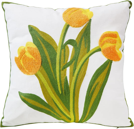 Embroidery Throw Pillow Cover 18x18 Home Decor Floor Pillow Cover for Couch Sofa Chair Gift 100% Cotton Floral Embroidered Cushion Cover Square Pillowcase 45x45cm Yellow Tulip, 1 Piece