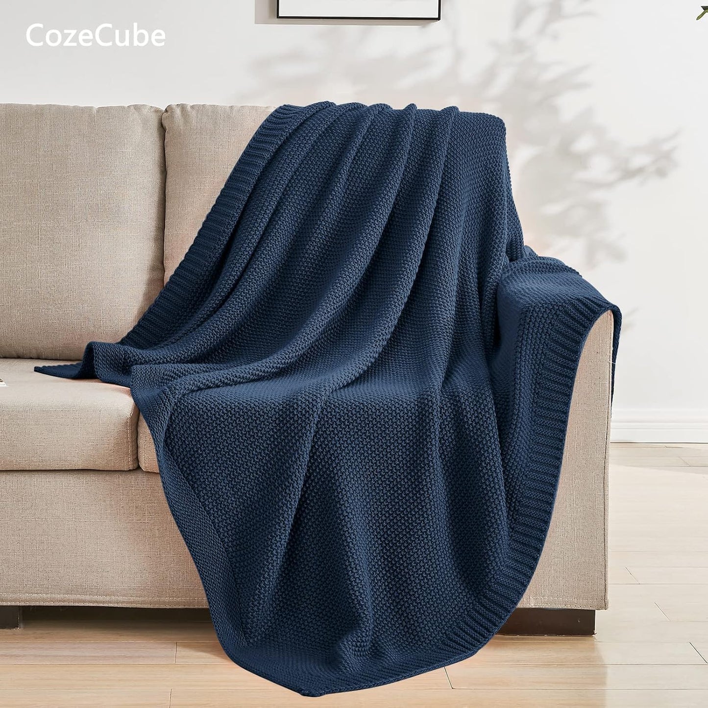 CozeCube Navy Blue Throw Blanket for Couch, Soft Cozy Cable Knit Throw for Bed Sofa Living Room, Lightweight Warm Decorative Farmhouse Christmas Blanket, 60"x80", Navy Blue