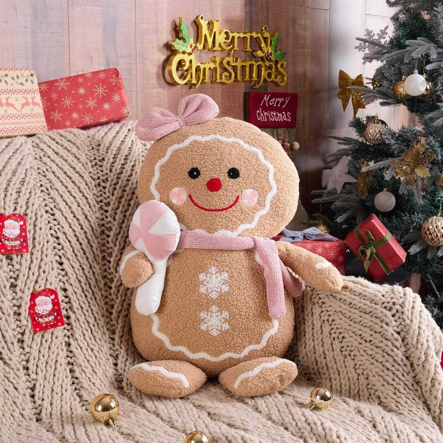Lanpn Christmas Gingerbread Girl Pillow, Christmas Decoration Winter Throw Pillows Soft Fleece Sherpa Cute 3D Shaped Ginger Bread Lady Throw Cushion for Sofa Bedroom Xmas Decor (18x27 inch)