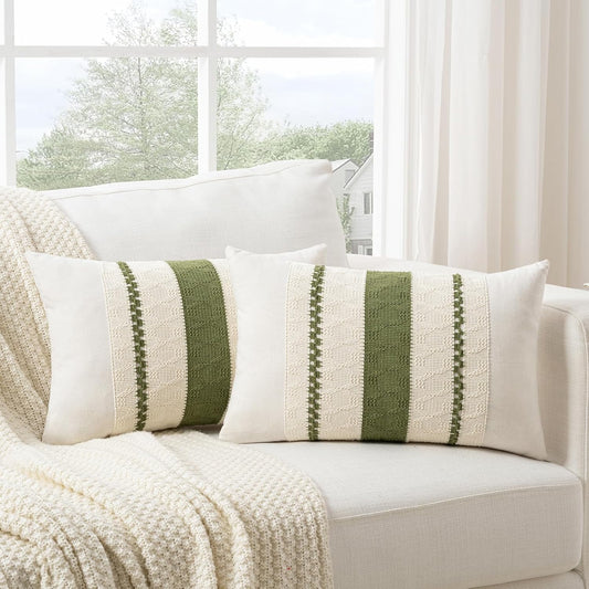 Fancy Homi Set of 2 Boho Moss Green Long Lumbar Decorative Throw Pillow Cover 12x24 Inch for Couch Bed Sofa Chair, Modern Organic Farmhouse Home Decor, Soft Cotton Cute Accent Rectangle Cushion Case