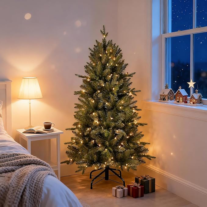 4FT Pre-Lit Artificial Christmas Tree with 628 PE&PVC Mixed Branch Tips, 200 Warm White Lights, Hinged Premium Spruce Fake Xmas Trees, Green, Foldable Base