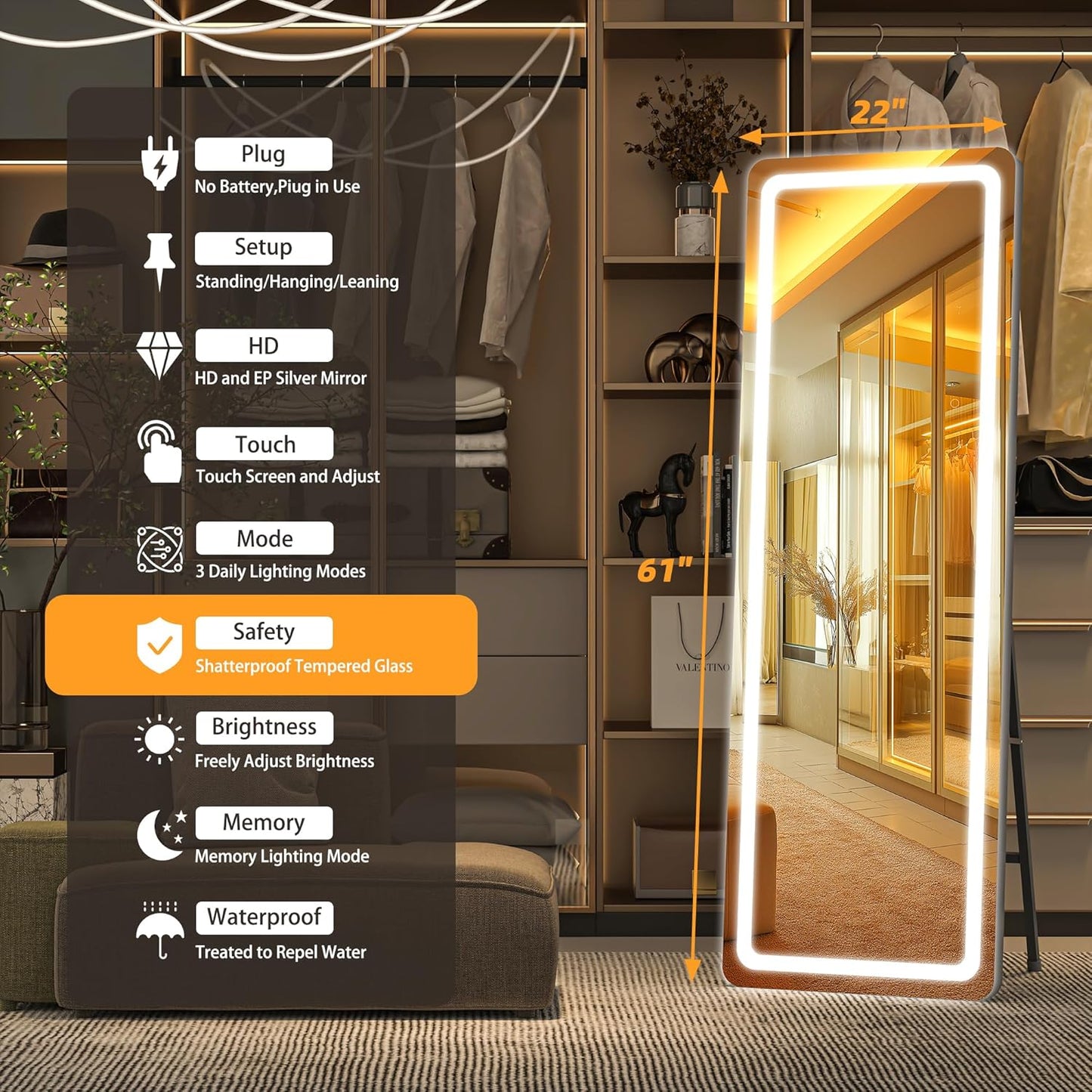 Hasipu Full Length Mirror with Lights, 61" x 22" LED Floor Mirror, Full Body Dressing Standing, Hanging Mounted Mirror for Living Room Bedroom Cloakroom, Round Black