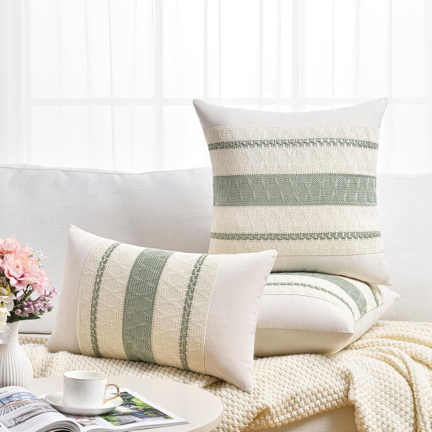 Fancy Homi Set of 2 Sage Green Boho Lumbar Decorative Throw Pillow Covers 12x24 Inch for Living Room Bedroom Couch Bed Chair, Rustic Retro Cushion Case, Bohemian Room Home Decor