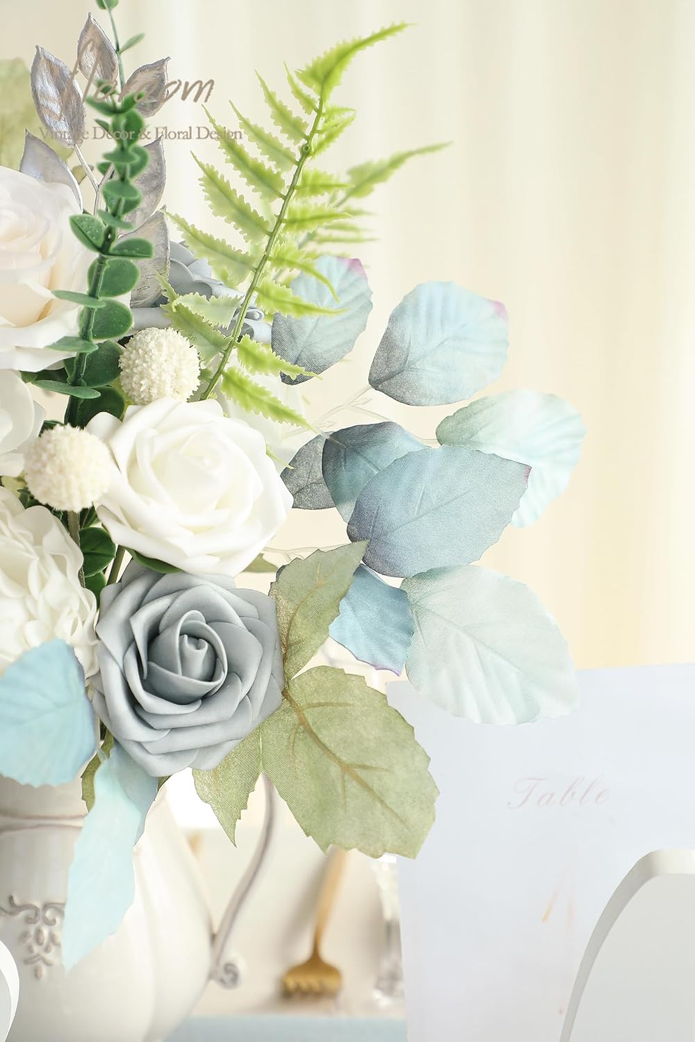 Floroom Artificial Greenery Stems Box Set, 36pcs with 7 Kinds of Faux Greenery Flowers Picks for DIY Bridal Bouquets Wedding Floral Arrangement Table Centerpieces, Dusty Blue & Silver