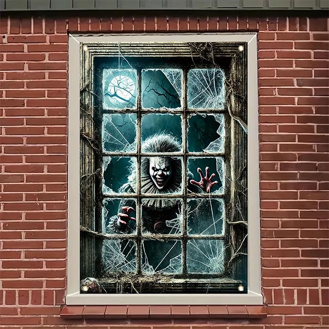 47x31 Inch Halloween Spooky Clown Window Cover Decoration Creepy Clown Horror Backdrop with Broken Glass Spooky Window Poster for Haunted House Outdoor Party Scary Theme Yard Decor