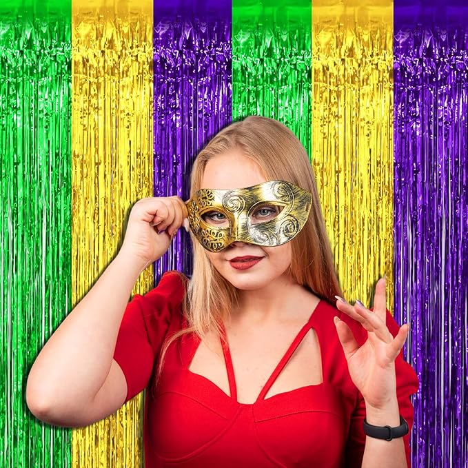 4 Pack Mardi Gras Foil Fringe Curtain Backdrop, 3.28Ft x 9.8Ft Gold Green Purple Metallic Tinsel Foil Fringe Streamers Curtains for Photo Booth, Wedding, Birthday, Carnival Party Decoration