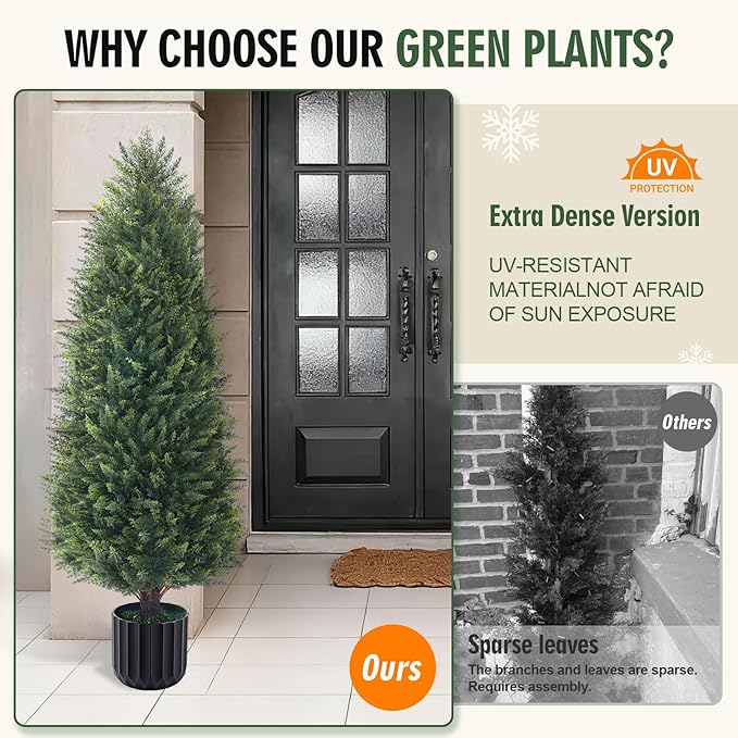 3FT Artificial Topiary Cedar Trees 2 Pack, Lush Thick Greenery UV Rated Artificial Plants for Outdoor Planters Decor, Realistic Fake Trees Indoor Garden