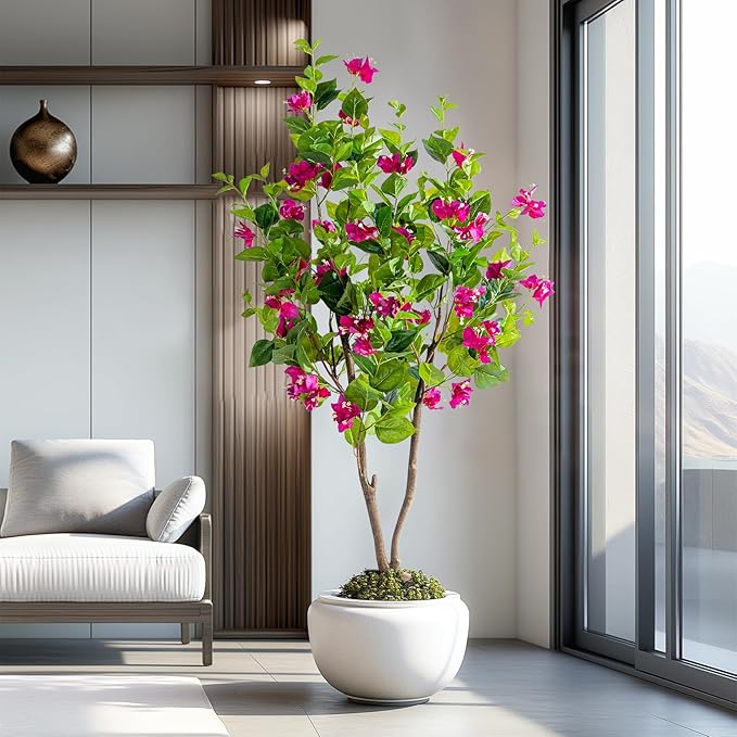5FT Artificial Bougainvillea Tree Artificial Tree Tall Potted Fake Bougainvillea Trees for Outdoor Indoor Lifelike Potted Faux Plants with Wood Trunk and Flowers Office Wedding Home Decor