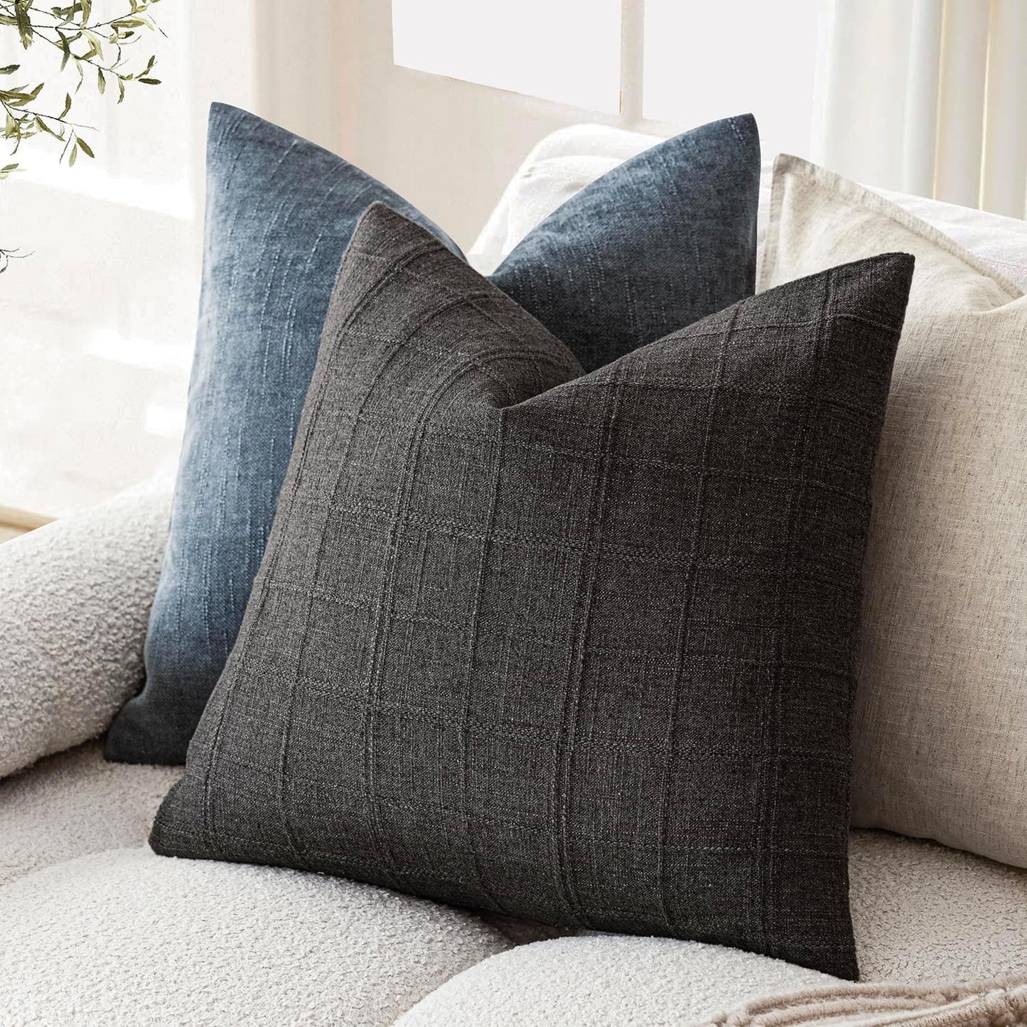 Foindtower Set of 2 Decorative Linen Check Throw Pillow Covers Neutral Farmhouse Vintage Cushion Covers Modern Boho Home Decor for Sofa Chair Couch Bedroom Living Room,24×24 Inch,Charcoal