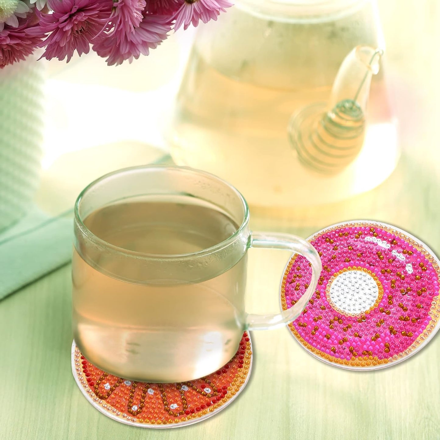 Diamond Art Coasters Kit with Holder, 8 Pcs Diamond Art Coasters for Adults Kids Beginners Crafts Gifts (Donuts)