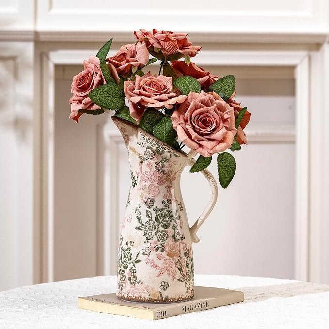 Vintage Ceramic Pitcher Vase with Handle, Farmhouse Green and Pink Large Floral Vases, Chinoiserie Decorative Vase, Rustic Table Centerpiece for Home Decor Living Room, Bookshelf, Office 10.5 Inch