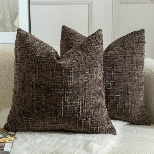 MANDIOO Pack of 2 Soft Chenille Textured Throw Pillow Covers Square Accent Solid Decorative Cushion Cover Cozy Farmhouse Pillow Case for Couch Sofa Bed Living Room 26x26 Inch Coffee